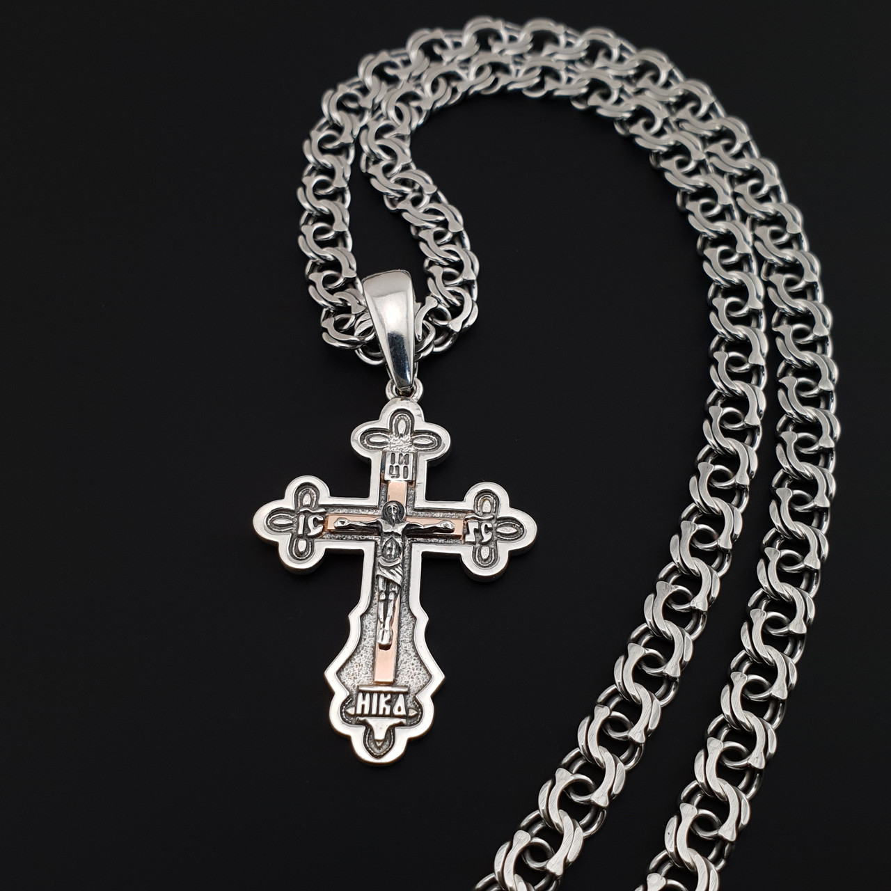 Комплект! Срібний хрестик із золотими пластинами і срібна цепочка чоловіча бісмарк. Срібна цепочка з хрестиком. 60 см, фото 1