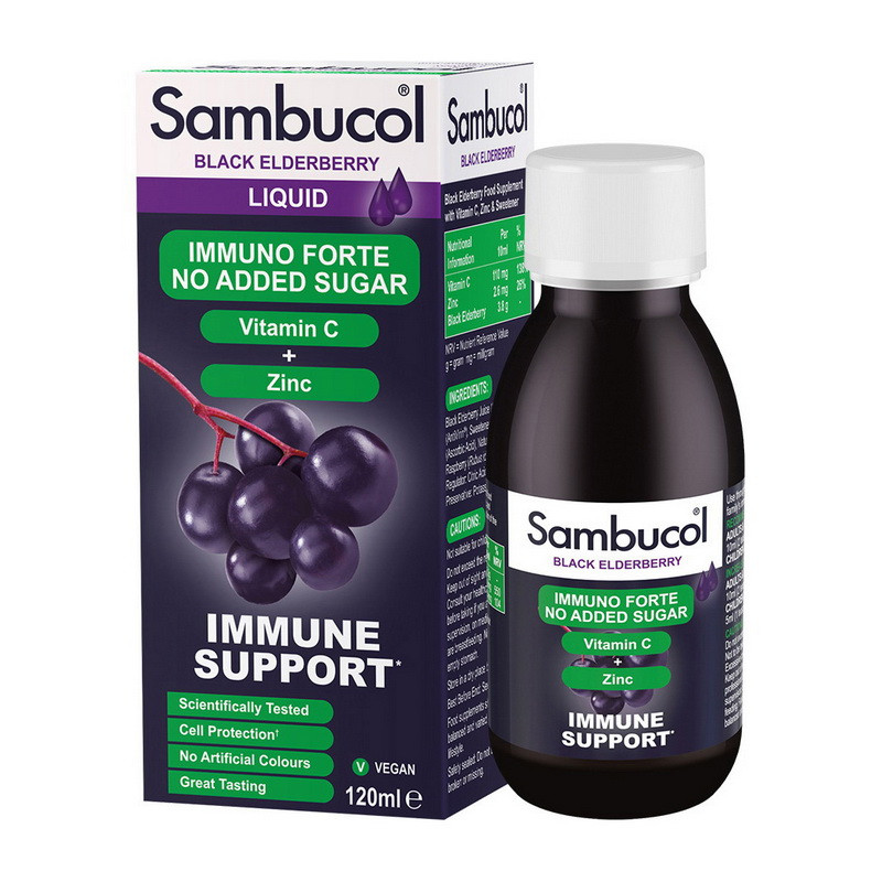 Вітаміни для імунітету без цукру Sambucol. Immuno Forte No Added Sugar + Vitamin C + Zinc Liquid (120 ml), фото 1
