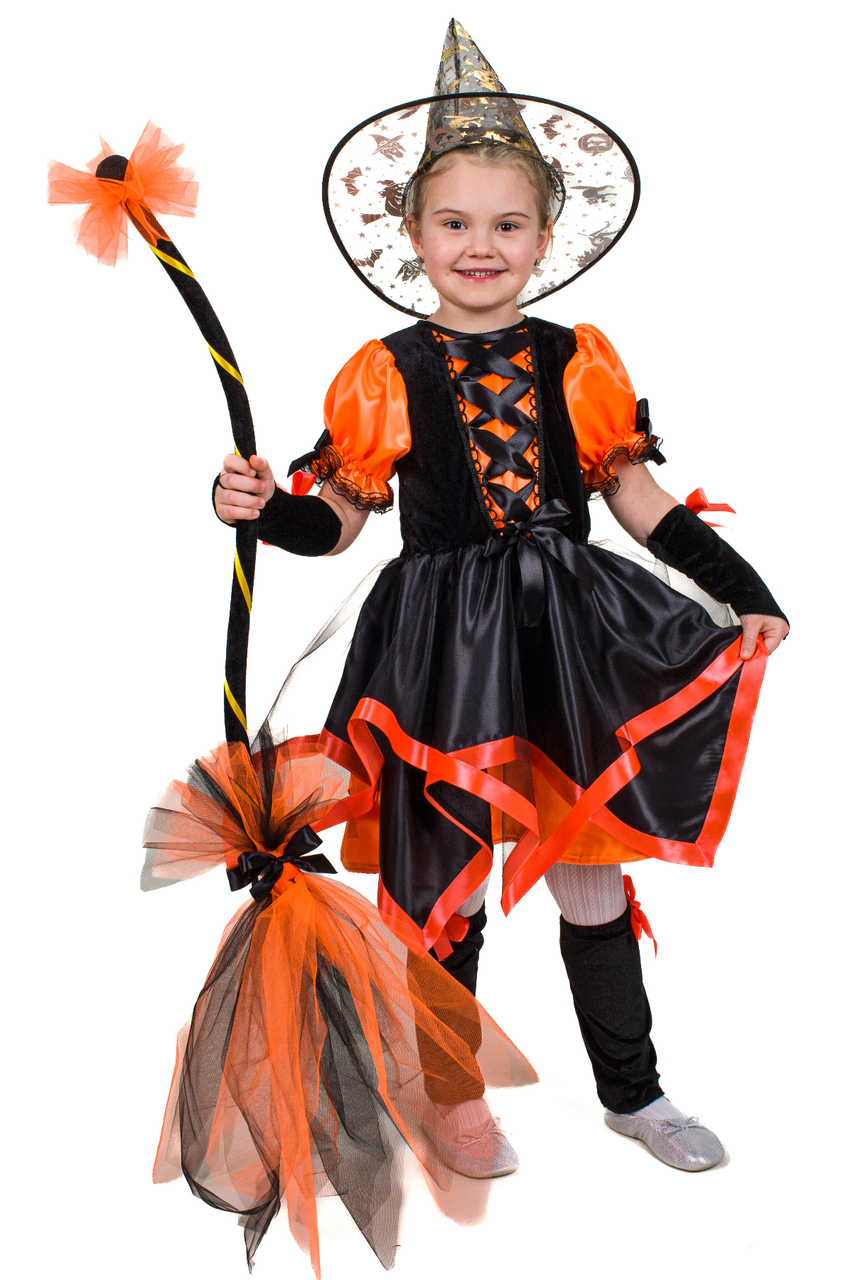 Маскарадний карнавальний костюм відьмочка помаранчева №3 для дівчинки на Хелловін з атласу р. 100-120, фото 1