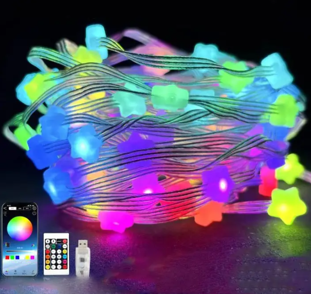 Гірлянда Розумна 5 метрів світлодіодна музична 33LED великі Зірочки Multi різнокольорові USB керування з телефону, фото 1