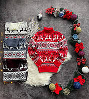 Светр з оленями з горлом червоний новорічний M-2XL Зимовий светр унісекс "Орнамент" чоловічий/жіночий Парний светр святковий