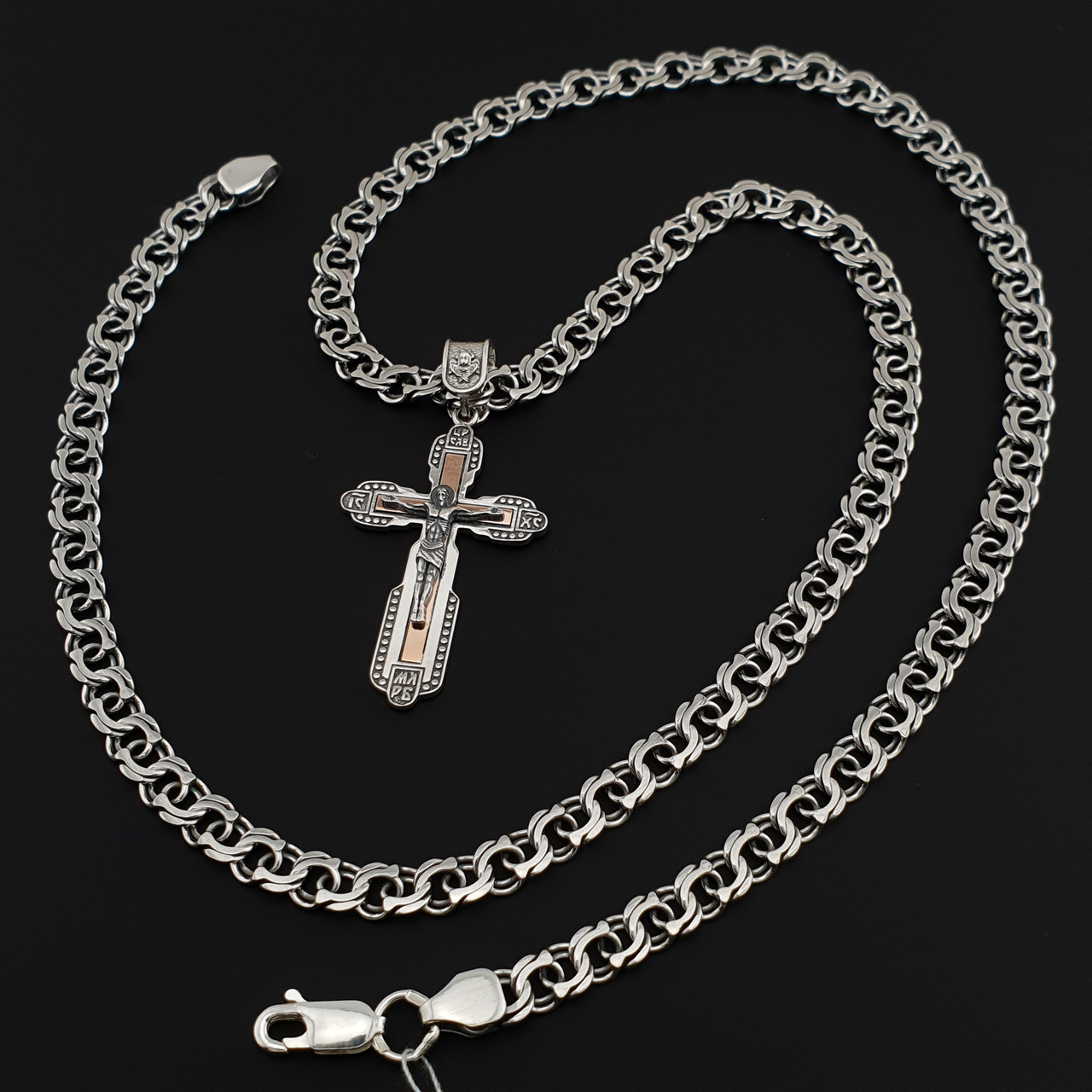 Срібна цепочка з хрестиком. Срібний хрестик із золотими пластинами і срібна цепочка чоловіча бісмарк 55 см, фото 1