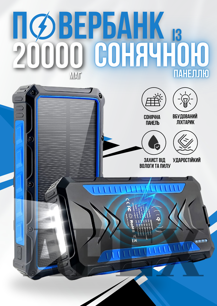Повербанк PD22.5W IBattery 20000 mah, павербанк із сонячною панеллю, повербанк із бездротовою зарядкою, ліхтариком