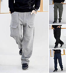 Модні чоловічі штани карго з кишенями теплі прямі вільні на флісі, сірі, хакі, чорні, сині