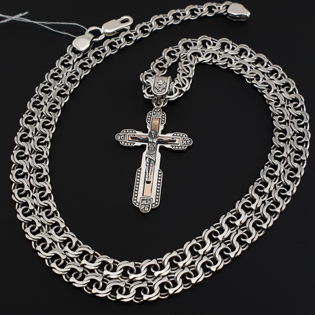Комплект! Срібна цепочка з хрестиком. Срібний хрестик із золотими пластинами і срібна цепочка чоловіча бісмарк. 60 см, фото 1