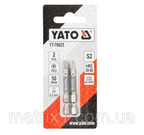 Біти для шурупокрута сталь S2; PZ3 х 50 мм. хвостовик 1/4", 2 од. YATO YT-78025