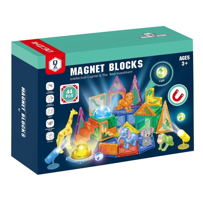 Конструктор MAGNET BLOCKS магнітний, дикі тварини, 44 деталі світло, батарейка арт. HD126A-1
