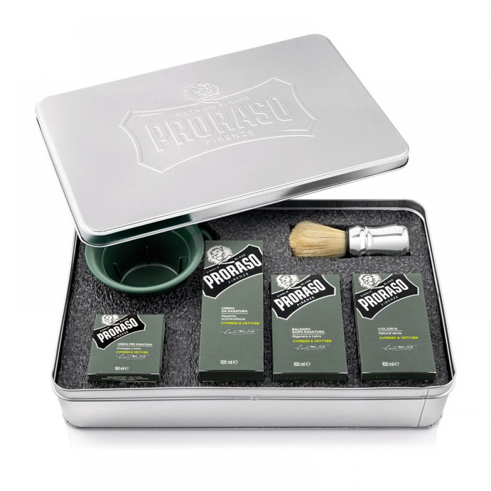 Набір подарунковий для гоління з 6-х предметів Proraso Metal Kit Cypress & Vetyver