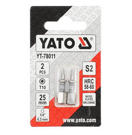 Бита викруткова TORX T10 х 25 мм. HEX 1/4», покрита нікелем, 2 шт.  YATO YT-78011