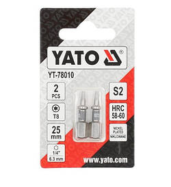 Бита викруткова TORX T8 х 25 мм. HEX 1/4», покрита нікелем, 2 шт.  YATO YT-78010