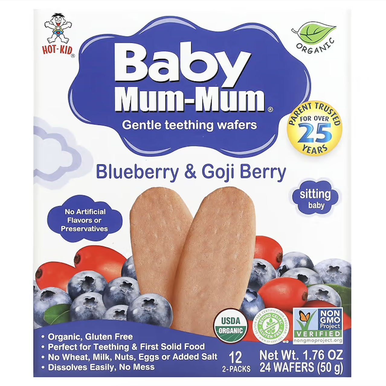 Hot Kid, Baby Mum-Mum, органічні рисові галети з лохиною і ягодами годжі, 24 галети, по 50 г