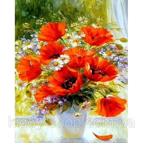 Діамантова вишивка. Картина на підрамнику "Букет яскравих маків", 40х50см, квадратні стрази, фото 1