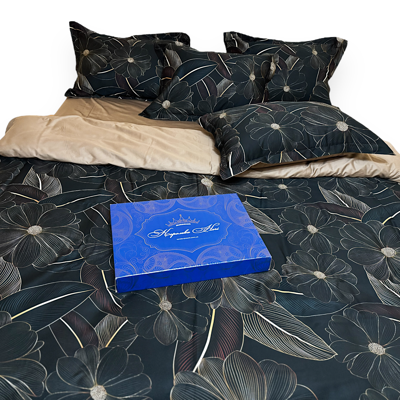 Підковдра на блискавці 145х215 Королева Ночі (Сатин Premium) | Полуторна | Рослини на чорному та бежевому, фото 1