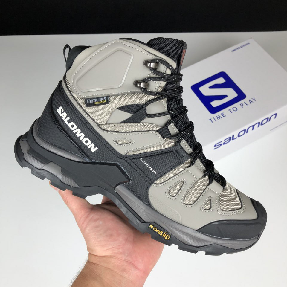 Чоловічі зимові кросівки Salomon X Ultra 4 Mid Wide GTX нубук молодіжні високі бежеві чорні