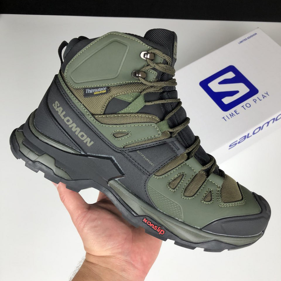 Чоловічі зимові кросівки Salomon X Ultra 4 Mid Wide GTX нубук повсякденні високі хакі