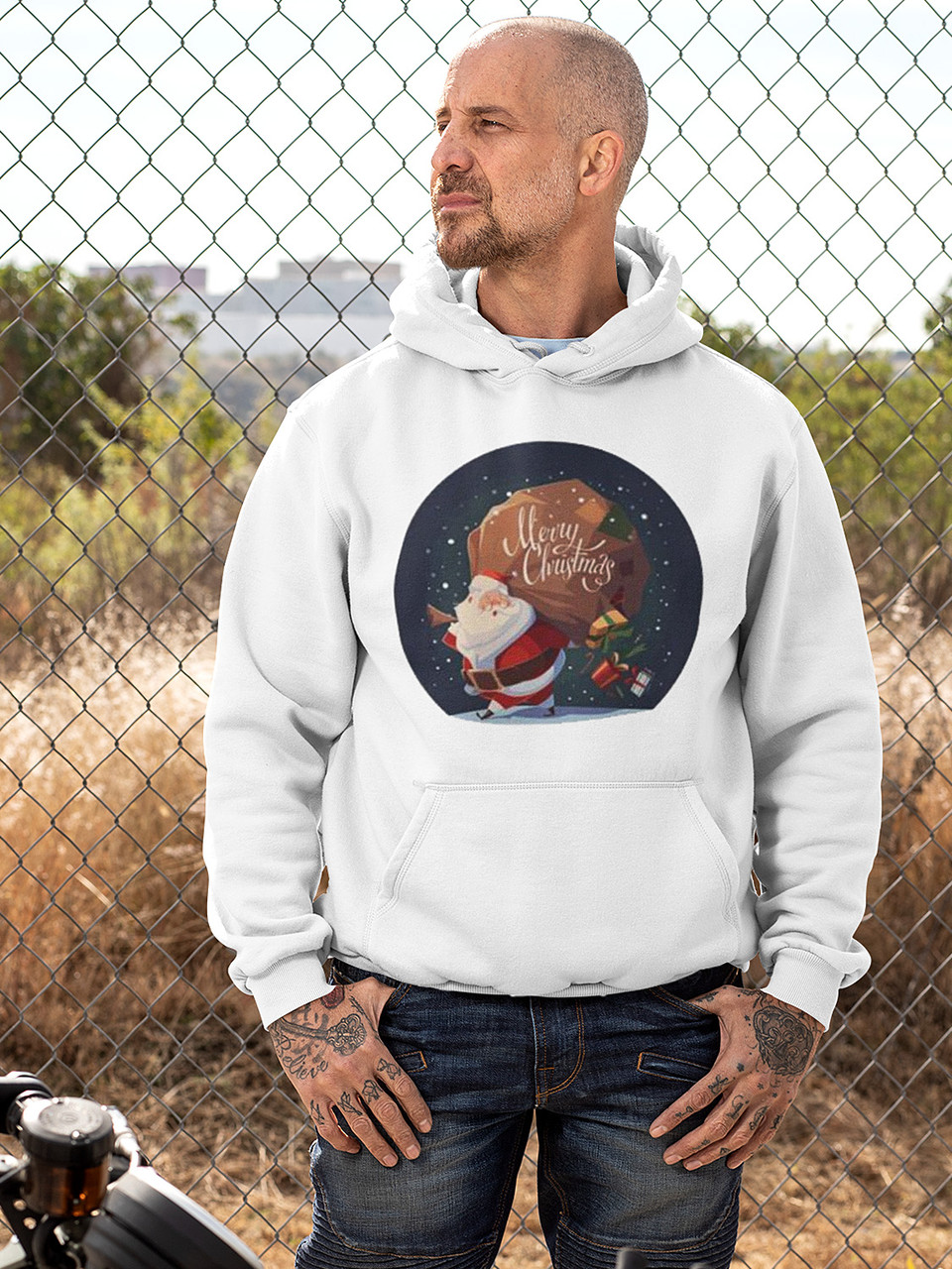 Толстовка чоловіча худі з новорічним принтом Santa with gifts (Санта з подарунками) - 2113, фото 1