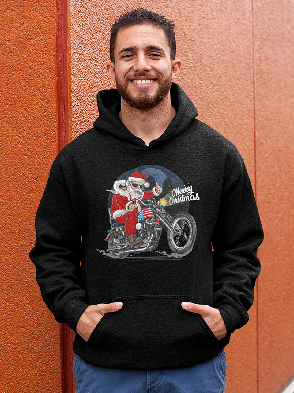 Толстовка чоловіча худі з новорічним принтом Santa biker (Санта байкер) - 2110, фото 1