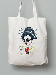 Екосумка шопер з бавовни 38х40см з принтом Гейша з кавою - 210231031