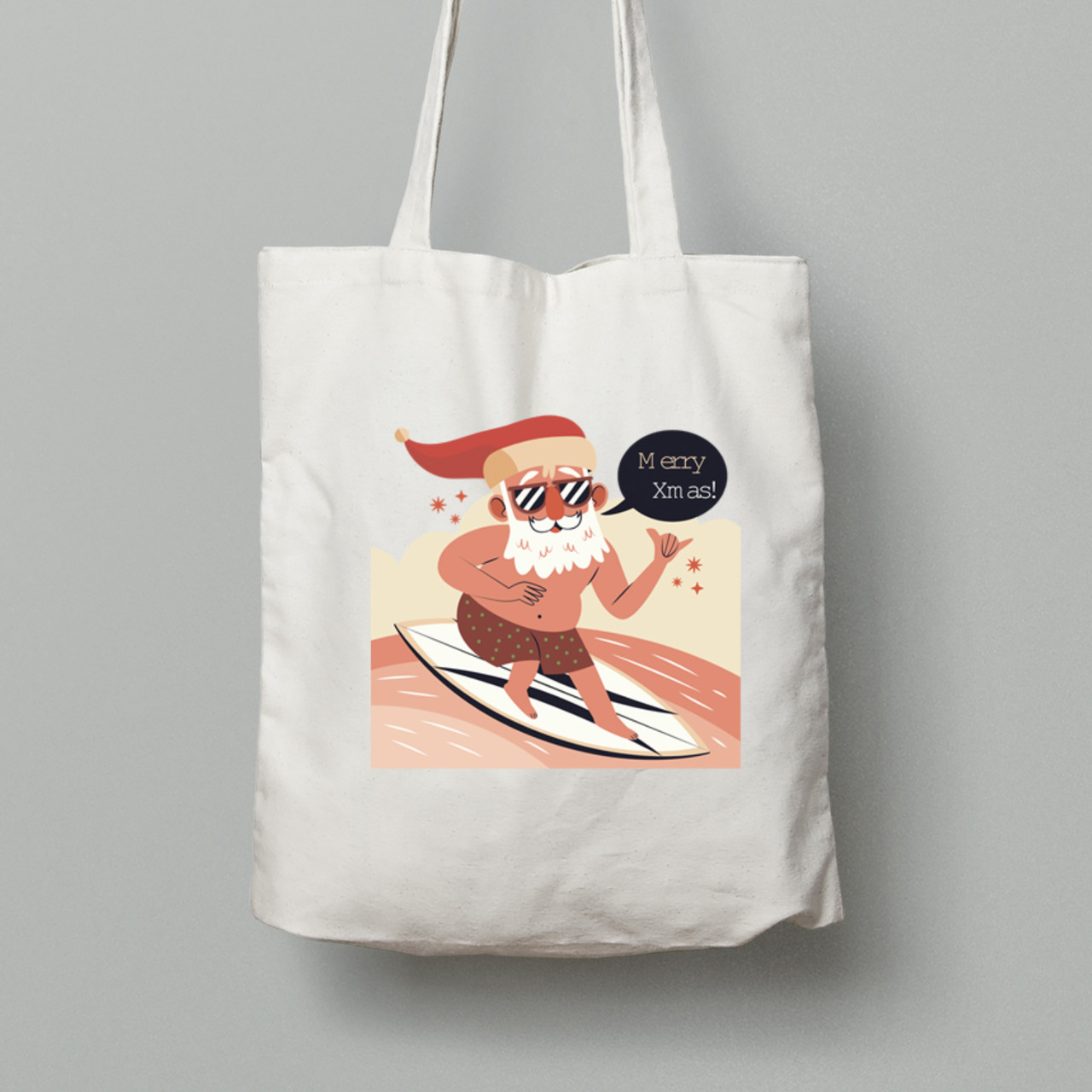 Екосумка шопер з бавовни 38х40см з новорічним принтом "Санта серфінгіст спіймав хвилю" (0211302), фото 1
