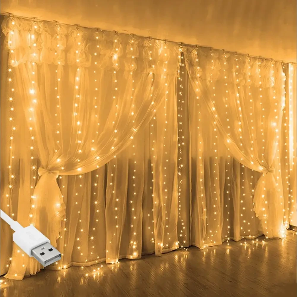 Гирлянда штора «Роса» от USB + 220V + пульт, 3x3м, 300 LED, 10 нитей, 8 ...