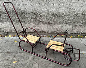 Дитячі санки для двійні "Найкращі друзі", з ручкою штовхачем бордові.Хіт!