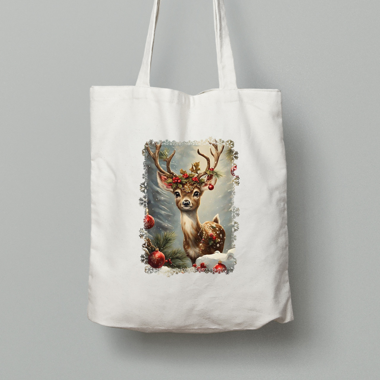 Екосумка шопер з бавовни 38х40см з новорічним принтом "Олень та різдвяні іграшки" (0211349), фото 1