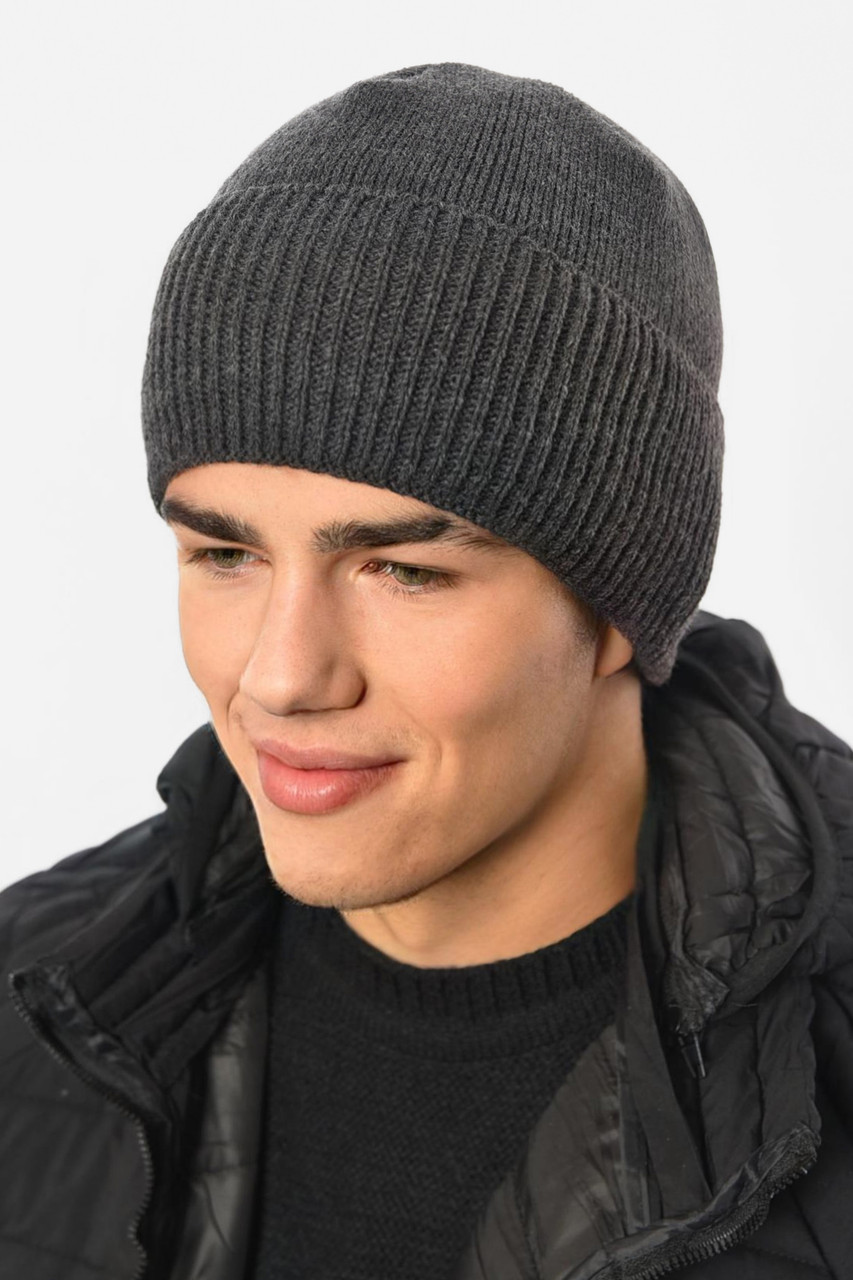 Шапка чоловіча з підворотом на флісе сірого кольору 191804M, фото 1