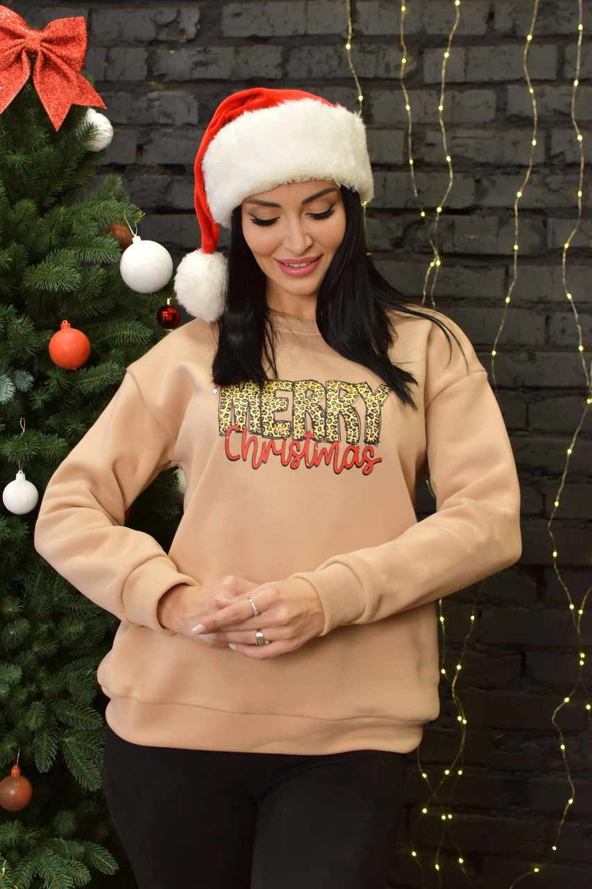 Утеплений новорічний світшот жіночий на флісі світшот з новорічним принтом практичний світшот великі розміри, фото 1