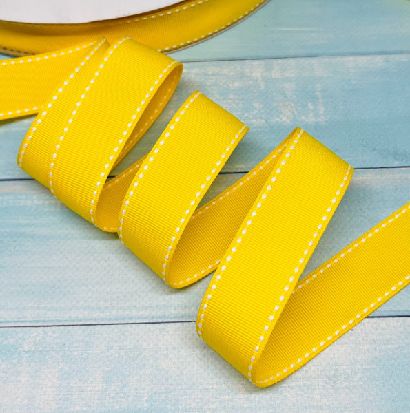 Репсова стрічка 2,5 см з білою смужкою, жовтий, метр, Жовтий, фото 1