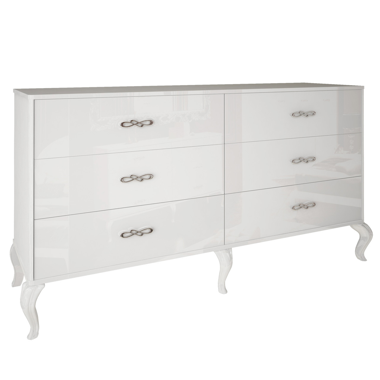Великий довгий комод білий глянець на 6 шухляд класика на ніжках для білизни речей у спальню Імперія Миро-Марк