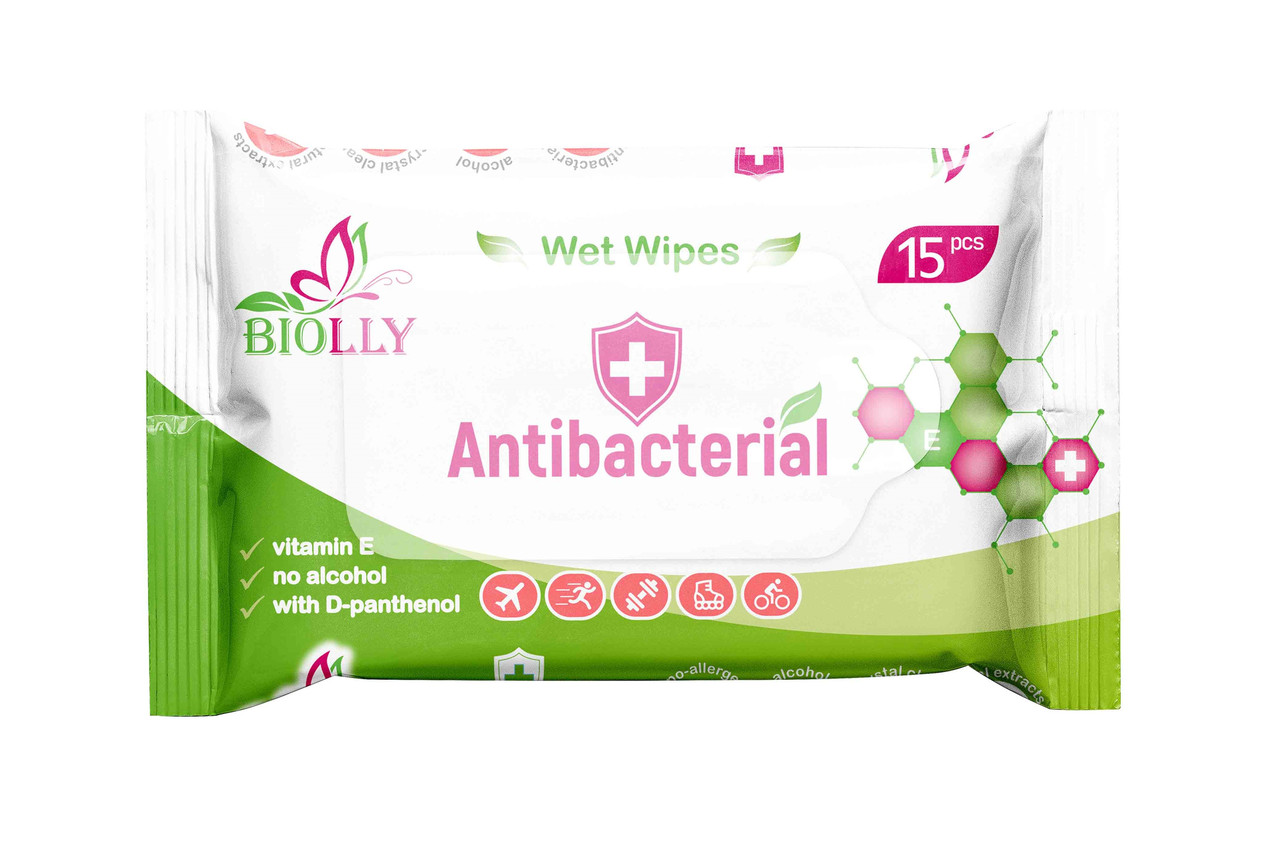 Серветки вологі Biolly Антибактеріальні з вітаміном Е+D-panthenol №15 1/180