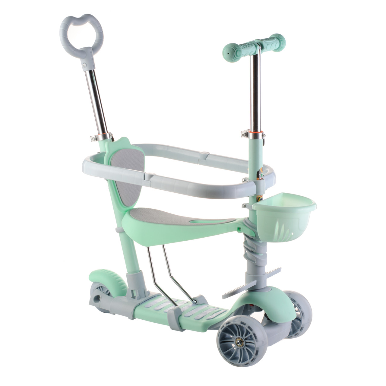 Триколісний дитячий самокат Scooter 5 в 1 "М'ята" із сидінням, чиртиком, природною ручкою та кошиком 1+