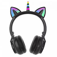 Бездротові дитячі Bluetooth навушники LED з котячими вушками Єдиноріг STN-27 Чорні Гарнітура