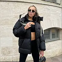 Черная теплая зимняя куртка пуховик с большими секциями и отстегным капюшоном (пуффер), 42-46