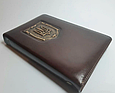 Візитниця настільна з натуральної шкіри 3-х секційна "Герб України" ручна робота, фото 4
