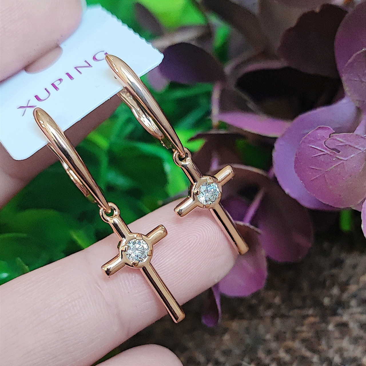 Сережки хрестики Xuping довжина 3.7см ширина 1.1см медичне золото позолота 18К с1518