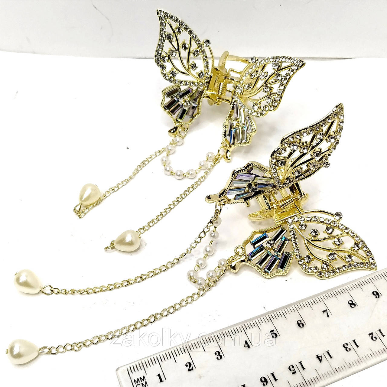 Шпилька краб для волосся металевий "Метелик стеклярус з висюльками" 5см.