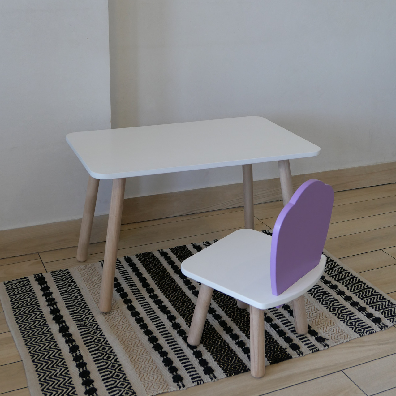 Комплект стіл та стул дитячий ChildWood - Set  Стіл білий прямокутний + стілець білий бузковий Мушля (Фанера)