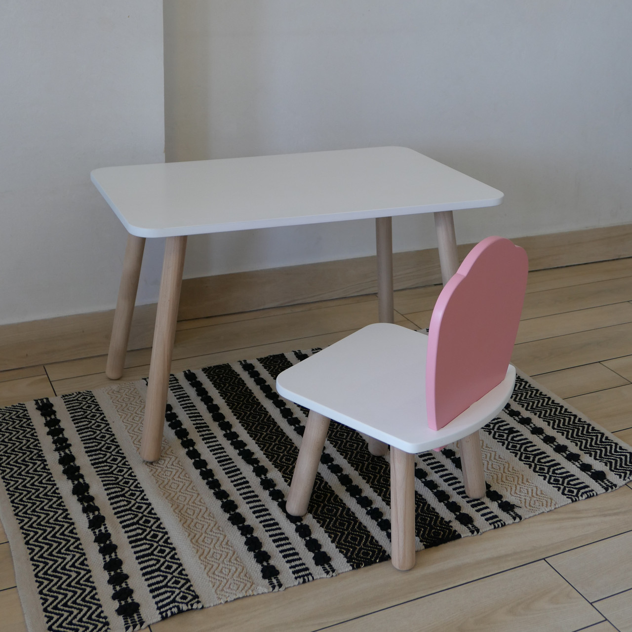Комплект стіл та стул дитячий ChildWood - Set  Стіл білий прямокутний + стілець білий рожевий Мушля (Фанера)