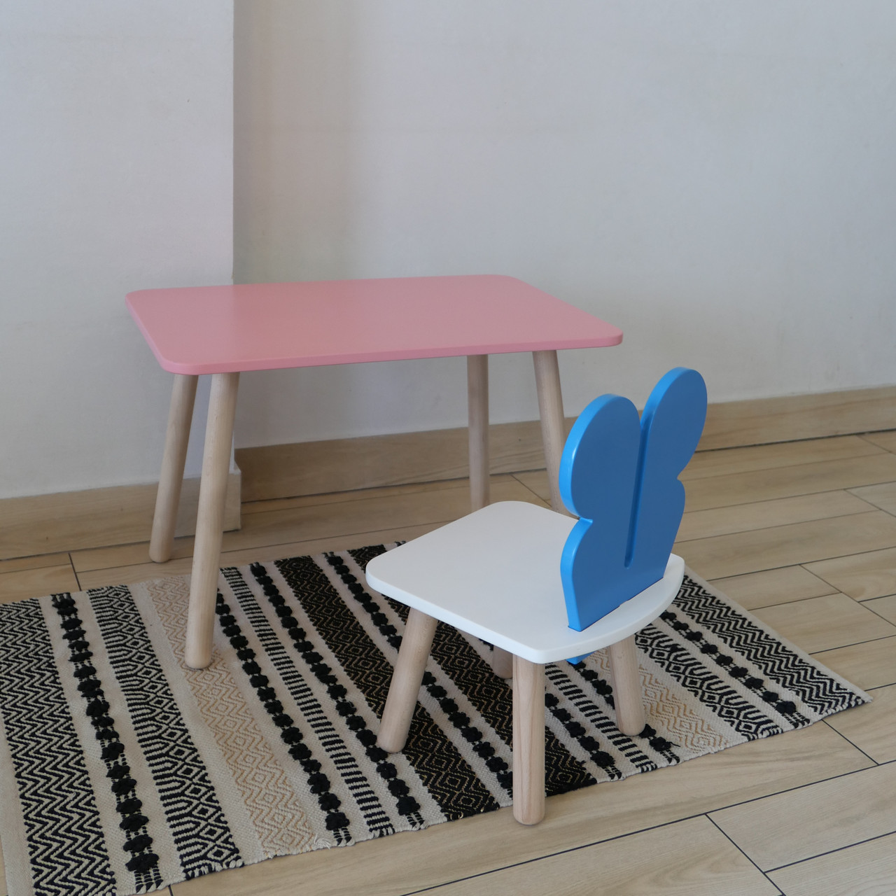 Комплект стіл та стул дитячий ChildWood - Set  Стіл рожевий прямокутний + стілець білий блакийний Метелик
