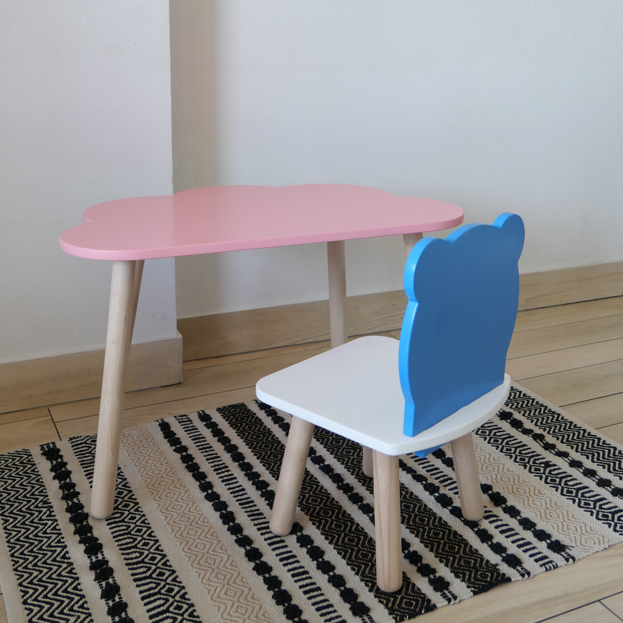 Комплект стіл та стул дитячий ChildWood - Set  Стіл рожевий хмаринка + стілець білий блакитний Ведмедик