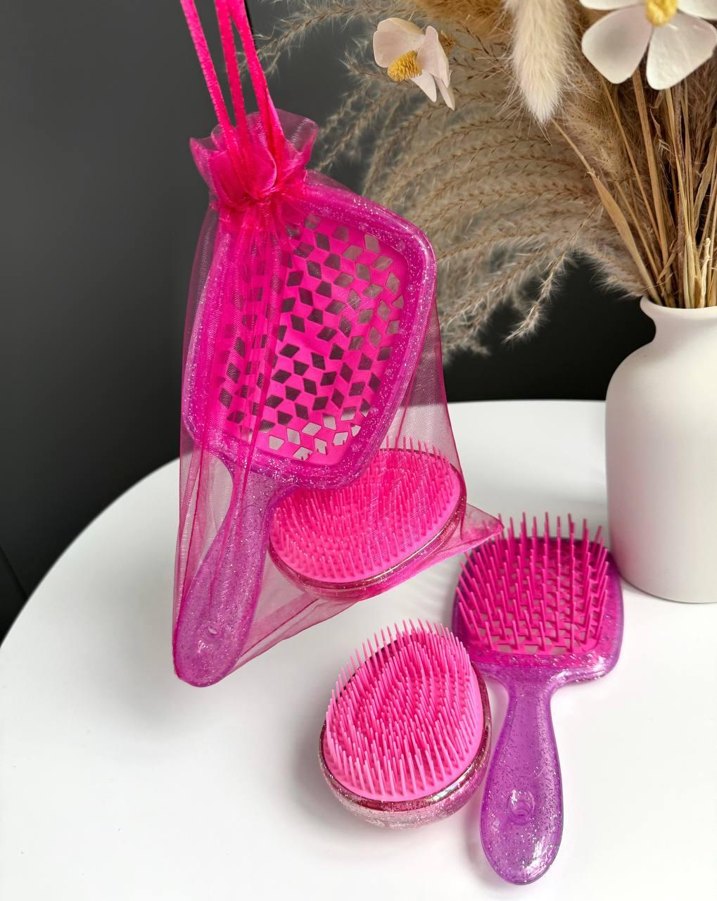 Набір для волосся в мішечку: гребінець і масажна щітка. Малиновий, фото 1