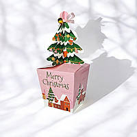 Коробка подарункова новорічна "Ялинка" (230х80×80мм.) рожева з принтом