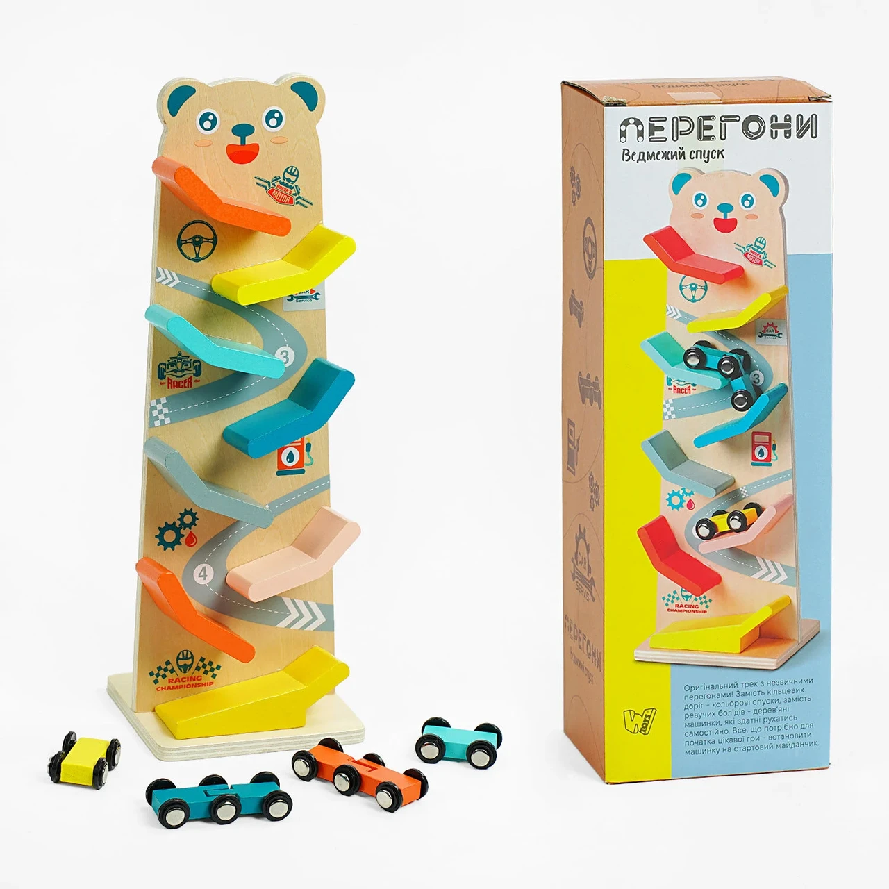 Дитячий іграшковий трек (8 спусків, 4 машинки, дерев’яний) | WToys С 61463