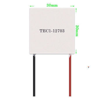 TEC1-12703 Модуль Пельтьє 30x30 мм. Номінальна напруга: 12 В Номінальний струм: 3A Потужність охолодження: 21,6 Вт