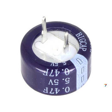 BCEC-5.5V-0.47F Місткість, Ф: 0,47. Розмір мм: D13,5x7,3. Робоча напруга, В: 5,5