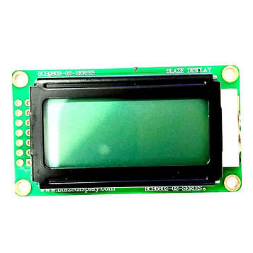 BCB0802-02-LY-SPTWU РКІ модуль: 8 символів 2 рядки: Розміри 58.0x32.0 мм: колір символів: сірий, фону: жовто-зелений, Розмір
