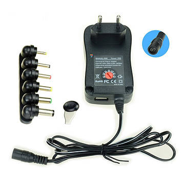 ADAPTER MANUAL-30W Мережевий адаптер універсальний 30 Вт. Вибір напруги: 3V 4,5 V 5V 6V 7,5 V 9V 12V і USB вихід. Роз'єми: 2.5x0.7