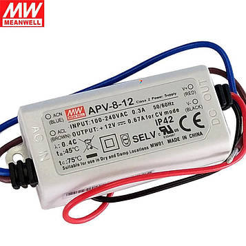 APV-8-12 AC-DC мережевий перетворювач, в пластиковому корпусі, Pвих: 8 Вт: Вихідна напруга: 12В: вихідний струм 670 мА: кількість