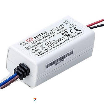 APV-8-5 AC / DC, 7W, в пластиковому корпусі, Вхід: 90-264VAC / 127-370VDC, Вихідна напруга: 5В, вихідний струм 1.4A, розміри